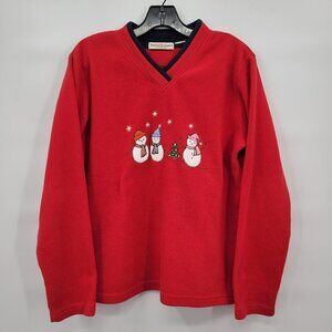 Stephanie Rogers Women Red V Neck Snowman Embroidered Oversize Sweater Size L